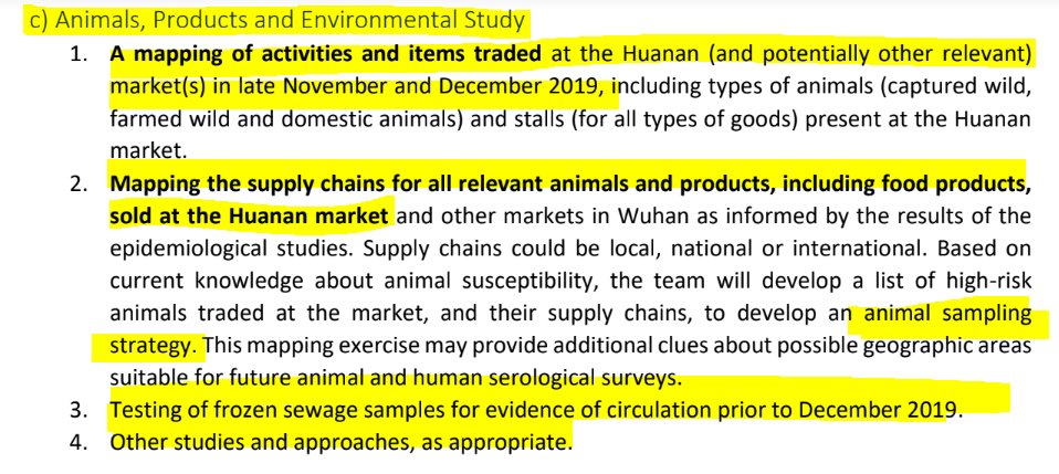 11. WHO investigation plan (see images)The WHO produced their report stating what they wanted to do (or be done) in Wuhanhere analysed by  @gdemaneuf Terms of references for China Part – FINAL DRAFTWHO-convened Global Study of the Origins of SARS-CoV-2: https://drive.google.com/file/d/1rx0W2efbE0R1Aq-lALWTqD22VsWbTlO-/view