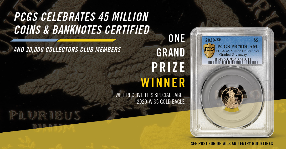PCGScoin's tweet photo. We’re continuing our celebration with a giveaway! We want to see you favorite PCGS graded piece(s). One grand prize winner will win a 2020-W $5 Gold Eagle! To enter:

1. Follow @pcgscoin
2. Post a PCGS graded item and tag @pcgscoin and #PCGSGiveaway and/or retweet this post. https://t.co/631Vtu65kE