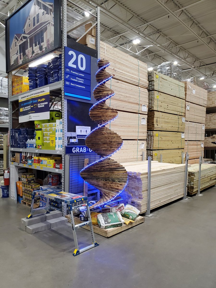 busk0765's tweet photo. Our 2020 Lumber Christmas tree @Lowes Store #1110 in Portage, MI. Built completely out of the stickers that come under bunks of lumber! #1110INSPIRES #2020christmastree #diy https://t.co/CVdbXpqfrs