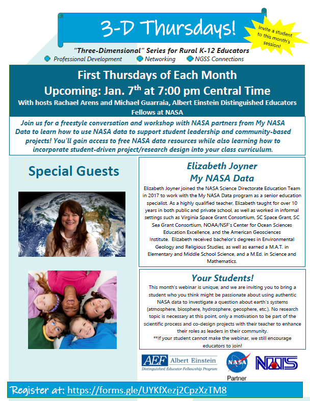 ArensRachael's tweet photo. K-12 Educators! Join us at our next 3D Thursdays on Jan. 7th, 7pm CT to welcome Elizabeth Joyner from My NASA Data to incorporate NASA data into student-driven research projects while also gaining access to free NASA resources. Register here: https://t.co/XWaEMTejQz
@NASA https://t.co/zGjwAO11xA