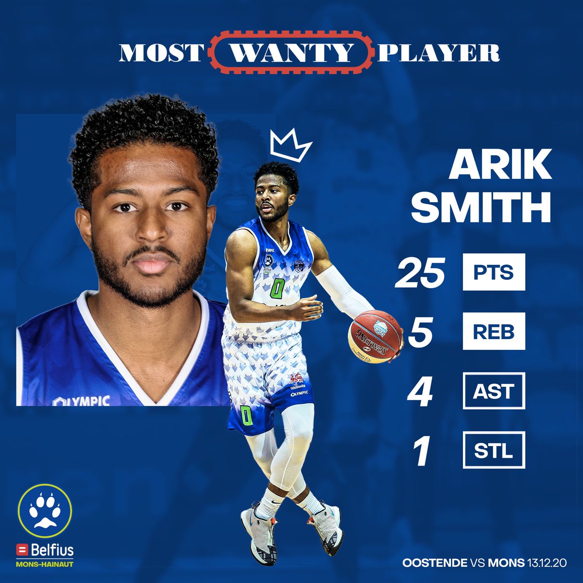 mons_hainaut's tweet photo. 🏆 Who’s your MWP?! 🏆
Arik Smith décroche le 3e titre de MVP de la saison après sa belle performance face à Ostende! 💙
Merci à tous nos fans pour vos votes. À bientôt!
#wearemonshainaut #MonsFamily https://t.co/pM8Ldwu85K