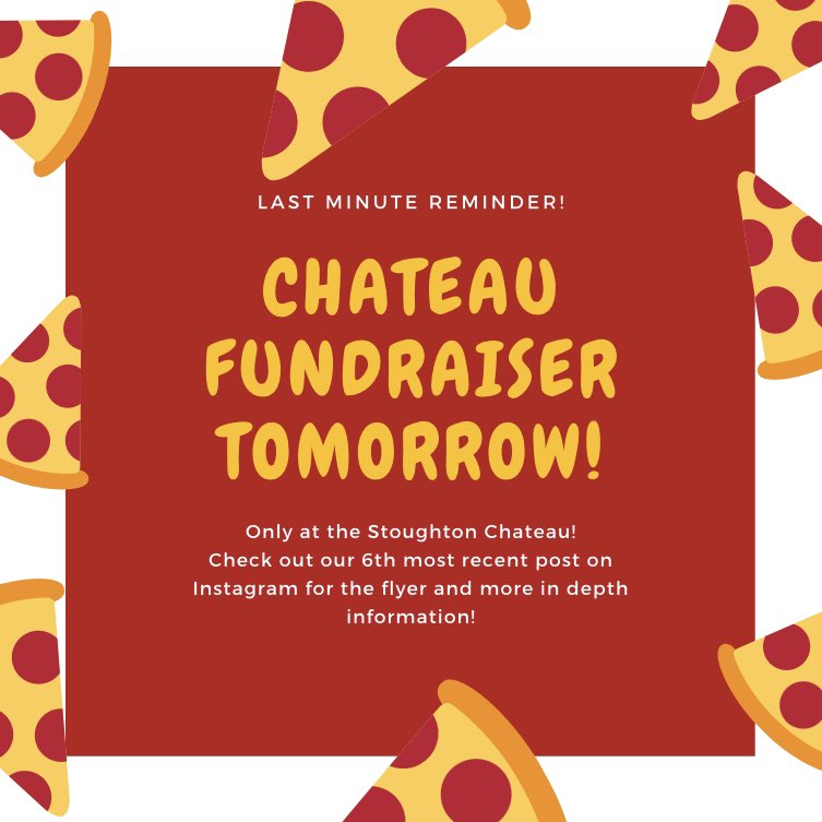 StoughtonDeca's tweet photo. Tomorrow is our Stoughton Chateau fundraiser! Go to our 6th most recent post on Instagram to see our initial fundraiser announcement with more in-depth information! We hope you all have a yummy meal tomorrow! 🍕🍝 https://t.co/AEmBSwJp2F