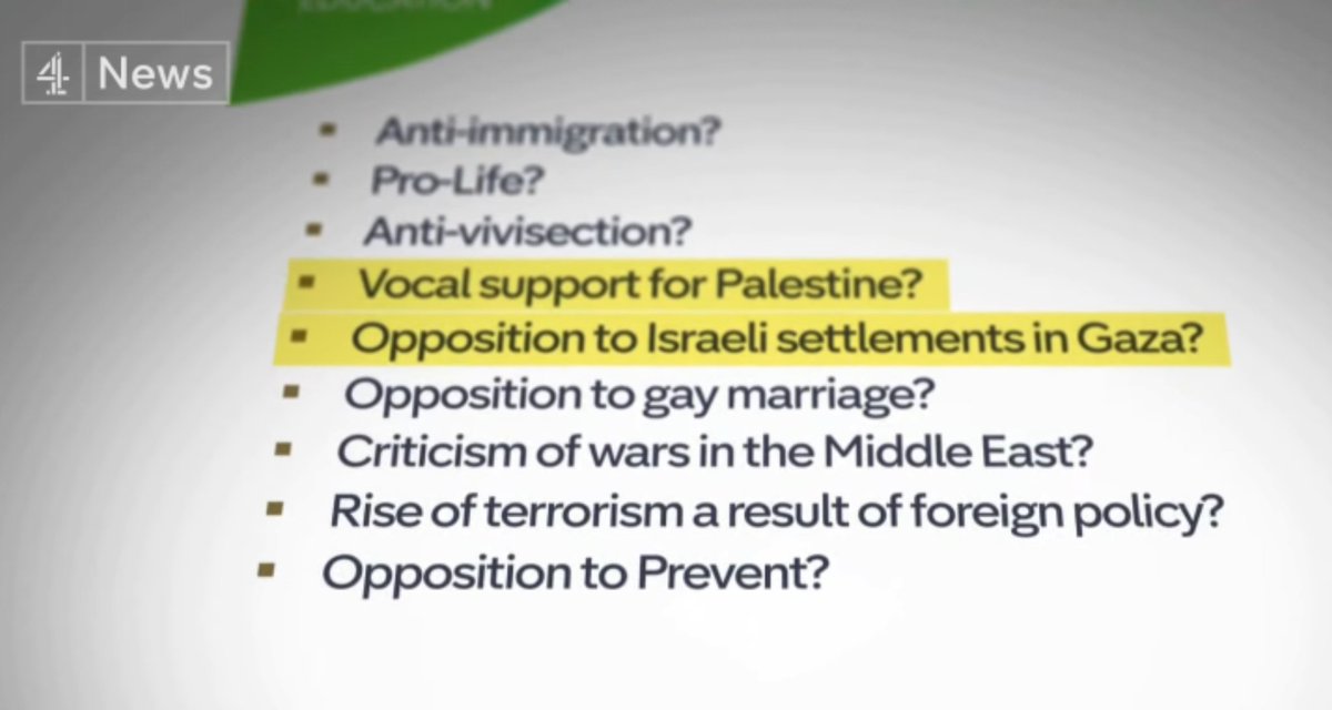 *Thread* @Channel4News broadcast a segment on Palestine which included this image from a Prevent training module. The segment claimed that 'vocal support for Palestine' and 'opposition to Israeli settlements in Gaza' are viewed as "potential indicators of extremism" (1/7)