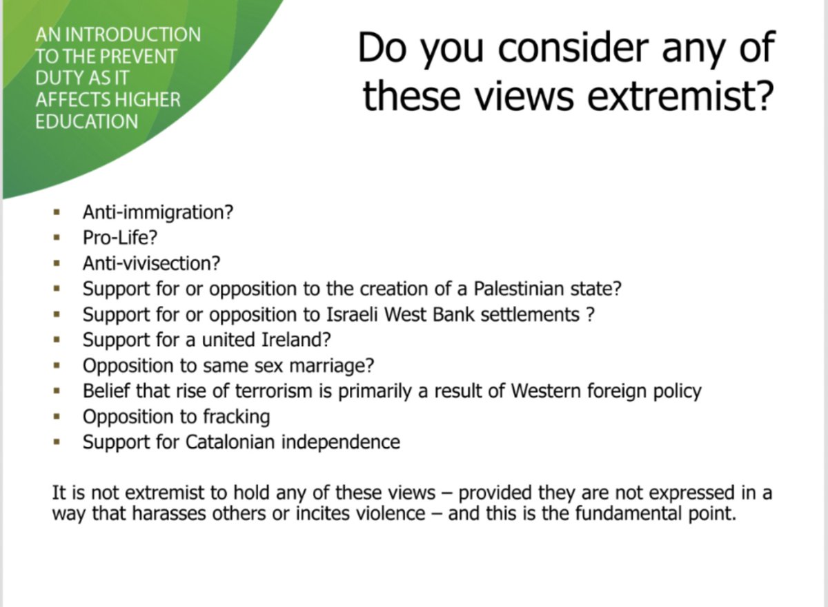 The film omitted or obscured the text below these statements which reads:"It is not extremist to hold any of these views – provided they are not expressed in a way that harasses others or incites violence – and this is the fundamental point." (2/7)