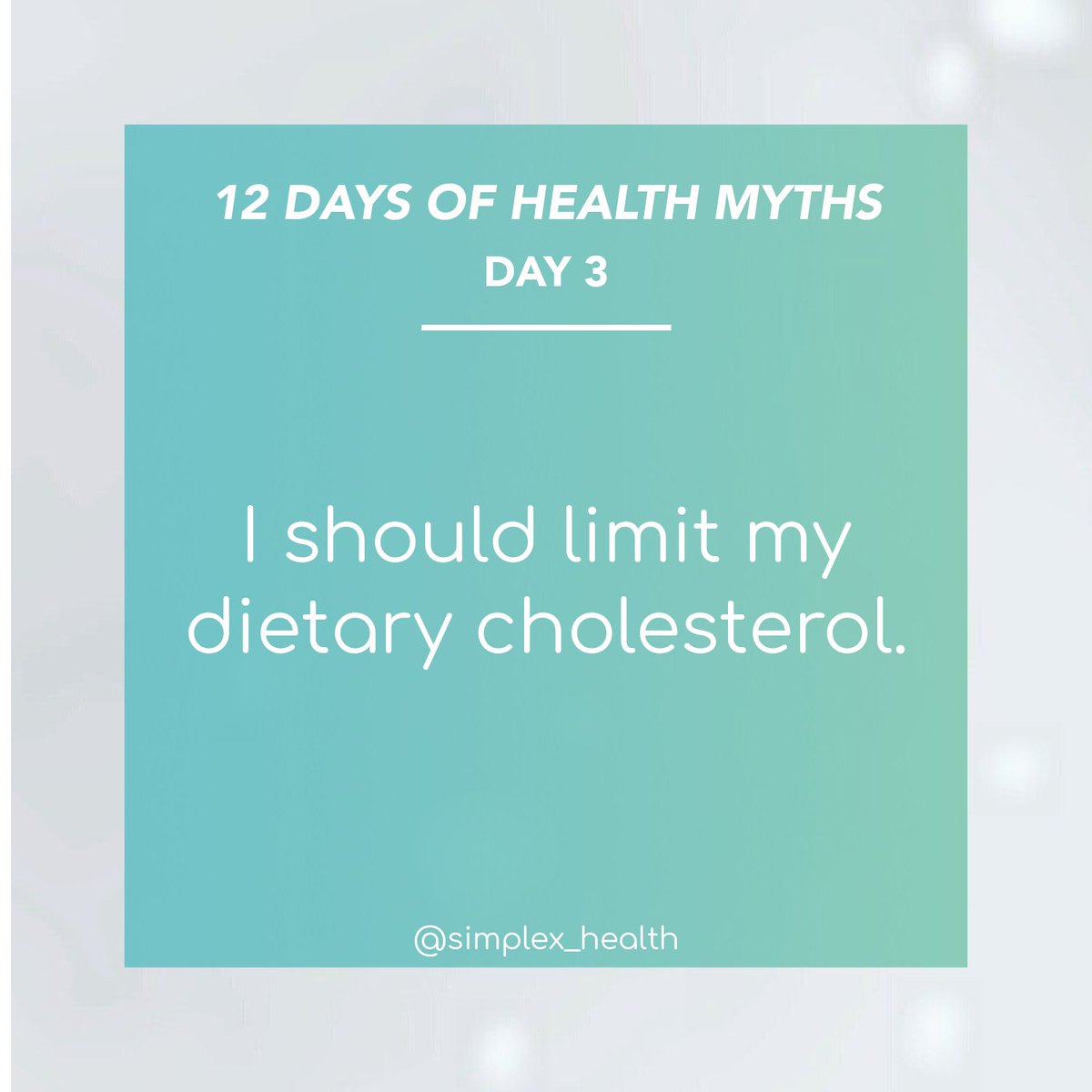simplex_health's tweet photo. This is a MYTH! Cholesterol is a fat-like substance, but it is different than fat. Cholesterol has a bad rap, but it is important &amp; needed in our body. It helps form the barrier around all of the cells in our bodies. It is also needed for our body to make hormones &amp; Vitamin D. https://t.co/33H4HA8zBY