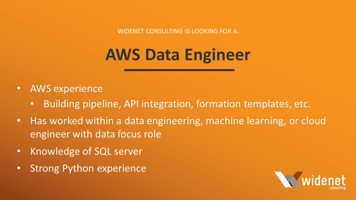 WideNetConsult's tweet image. Below are the requirements for the #AWSDataEngineer opportunity! This person will be an #AWSEngineer with a focus in #DataEngineering, #MachineLearning, or #CloudEngineering. For the full description, check out our Careers page: widenet-consulting.com/careers/
#SQLServer #Python
