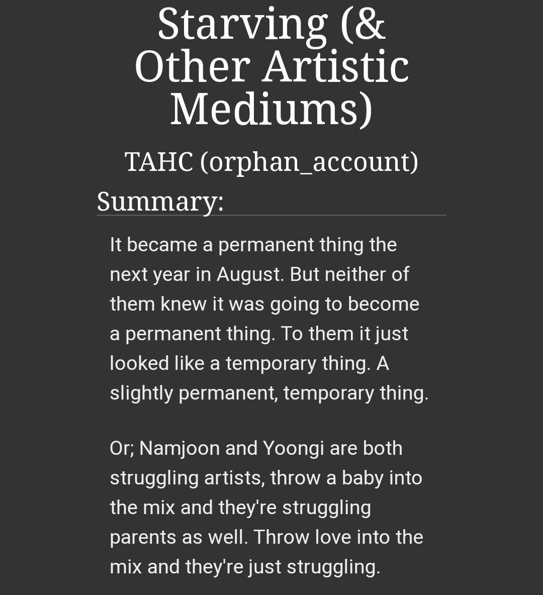 cookypotatorecs's tweet photo. Starving (&amp; other artistic mediums) by TAHC
❗️Pairing: Yoongi / Namjoon
❗️Rating: Mature
❗️Tags:Friends to Lovers, Alternate Universe - Artists, Baby Jeon Jungkook, Domestic Fluff, Light Angst, Mild Smut, Family Dynamics, Comedy, Baby Kim Taehyung | V
https://t.co/zPpuumtmqp https://t.co/3brljQNLFV