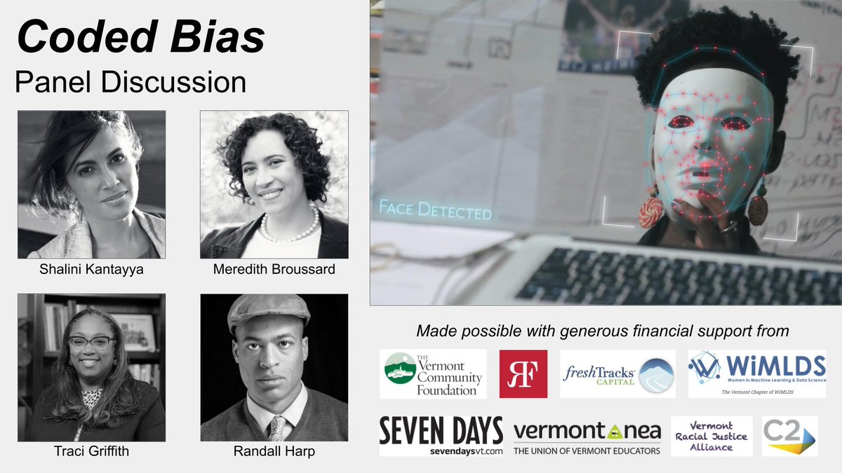 TimOLeary_VT's tweet photo. Check out this riveting panel discussion from last Saturday night: https://t.co/dZZI0oXuPn
#racialjustice #artificialintelligence #vted #vtpoli #codedbiasvt #codedbias @ACLU_VT https://t.co/4w4KQgmgGT