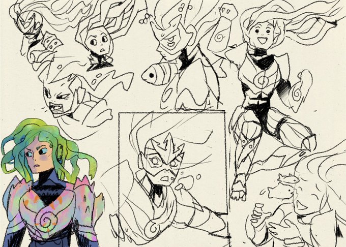 Some sketches for a mermaid warrior design I made last August :) ? 