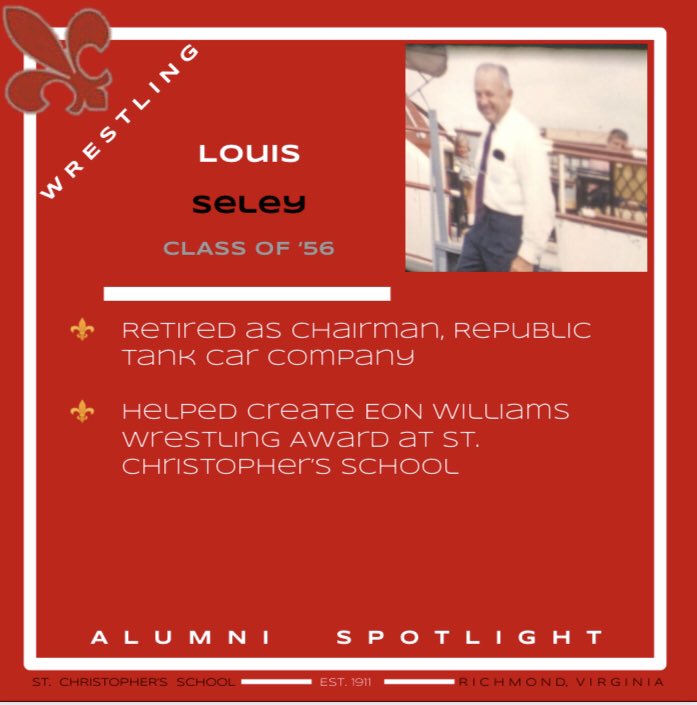 WrestlingSTCVA's tweet photo. Our Exam Week Alumni Spotlight throws it all the way back to the class of 1956 with Louis Seley! Mr. Seley created the Eon Williams Wrestling Award during his time with at St. Christopherโs - and for that we are thankful! #SaintForLife #STCAlumni #STCWrestling https://t.co/7URZH5fw6H