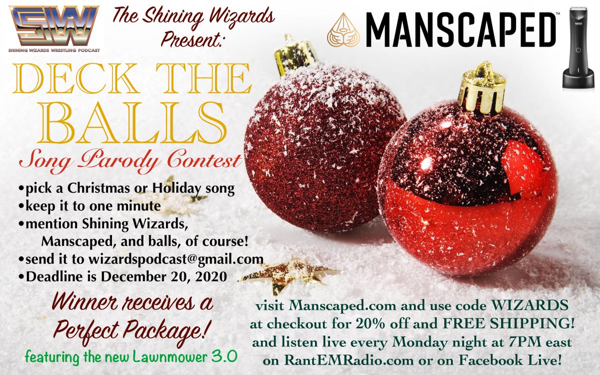 wizardspodcast's tweet photo. It's not too late to win a Perfect Package from @manscaped! Enter our #decktheballs song parody contest by Sunday, December 20th! Don't forget to shop for the holidays at https://t.co/b66hhWLNdc, and receive 20% off and free shipping at checkout with code WIZARDS https://t.co/t7KoSHF65U