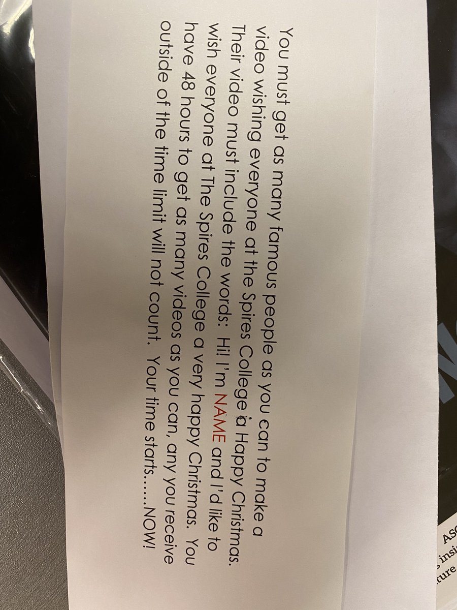 Teachers at my school are completing <a href="/taskmaster/">Taskmaster</a> challenges to surprise our students on Friday. <a href="/NeilDKay/">Neil Kay</a> and I have to collect ‘happy Christmas’ video messages from famous people! <a href="/gdavies/">Gyimah Davies</a> and <a href="/AlexHorne/">Alex Horne</a>, fancy helping us out? The kids would be so surprised and so excited!