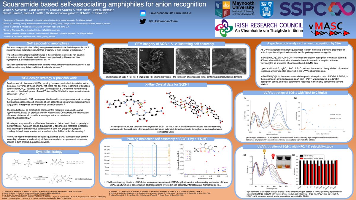 LukeBrennanChem's tweet photo. Hi All! I'm delighted to be able to present a poster for vMASC 2020, highlighting some recent work from our group @rob_elmes - on Self-assembling Amphiphilic squaramides. Feel free to ask any questions regarding the work! hope you enjoy (poster 21) #vMASCposter #LoveIrishResearch https://t.co/9XiGsATyGZ