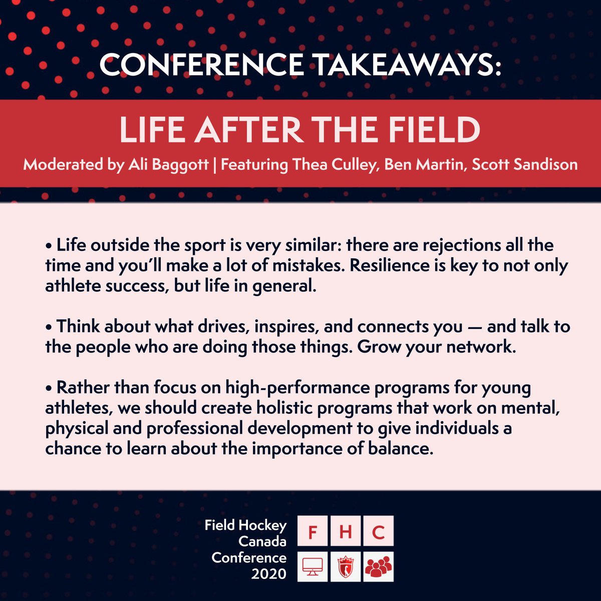 FieldHockeyCan's tweet photo. Takeaways from such a fun panel featuring our own former athletes! While it felt like we were all sitting in on one overdue team catch-up (in the best way), here are tips for when you start to think about life after the field & finding that *imperfect* balance 😌⚖️ #FHCConference https://t.co/QUxSZBboxf