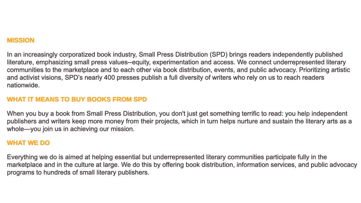 Trisha’s pitch expands on SPD’s mission statement of serving “underrepresented literary communities.” Sadly, SPD exploits the labor of “underrepresented writers, queer and of color, activists & artists” from those very communities.  http://bit.ly/3oVLR6K&nbsp;