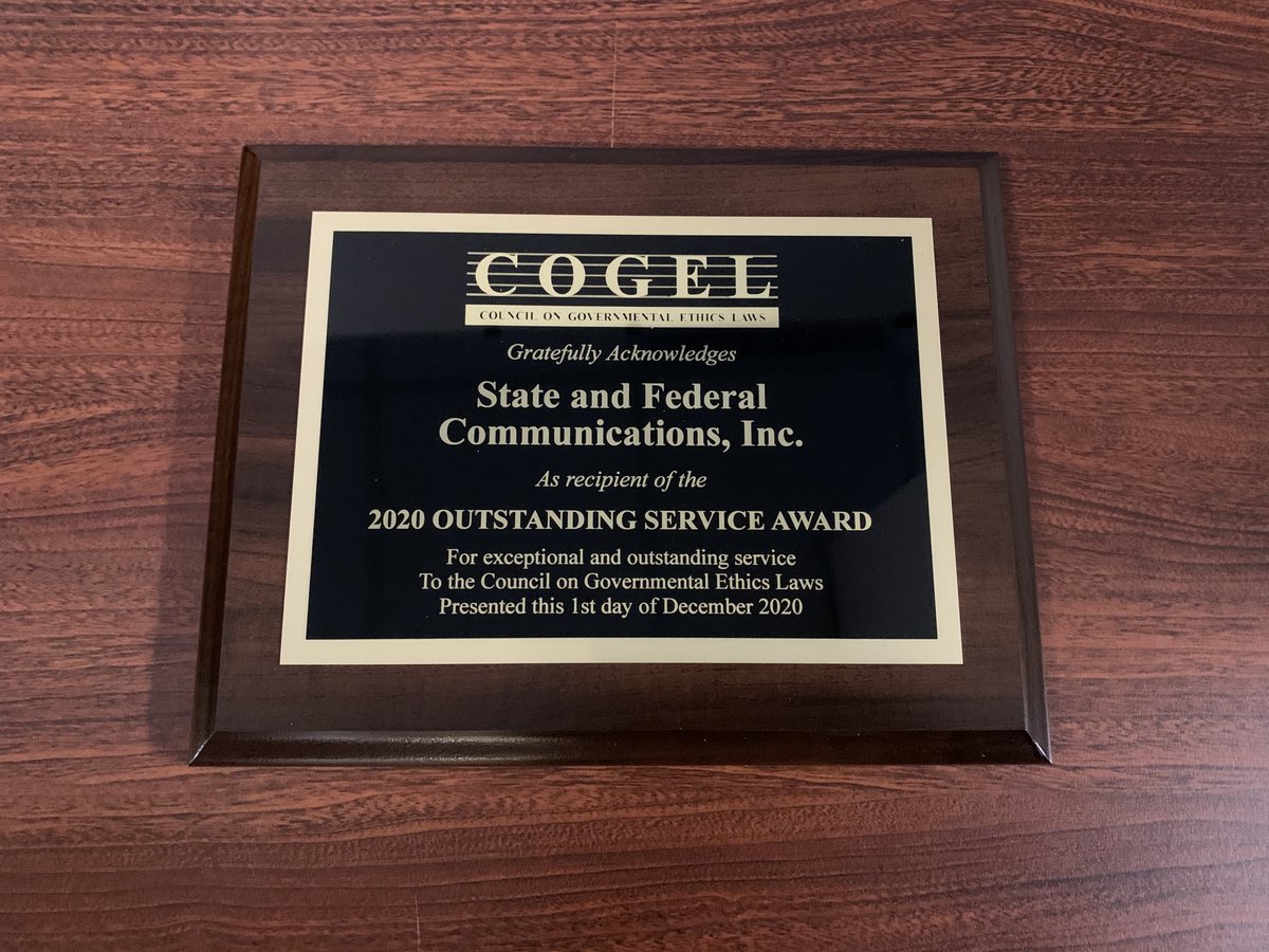 StateandFederal's tweet photo. We are proud to have accepted @COGELinfo 2020 Outstanding Service Award at their virtual conference today! Jim Sedor, our Manager of New Services, has been a big part of our relationship with COGEL providing the community with a valuable News You Can Use service! Congratulations! https://t.co/vzK8VUs3ml