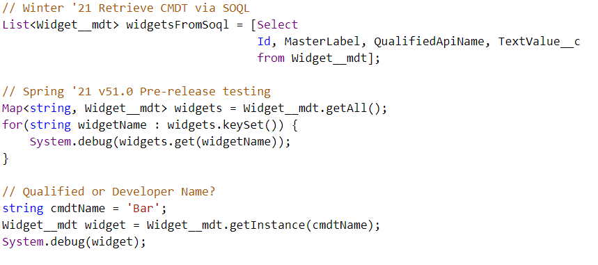FishOfPrey's tweet photo. In the #Salesforce #Spring21 pre-release orgs there are new methods for Custom Metadata Types that mirror those on Custom Settings. Removes the need to query them via SOQL and drops the contribution to the Query Rows limit. https://t.co/Cz4SsEEv88