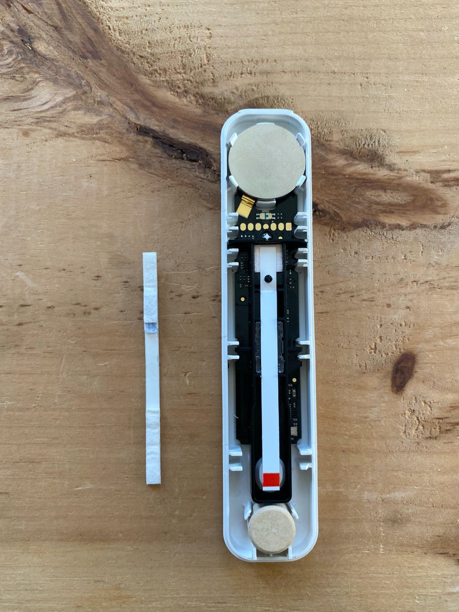 Inside,  @Ellume (right) has simple but powerful paper strip test. It requires battery, circuits, sensors, and bluetooth with a mobile phone. Thus, not quite THE mass public health screening test that will scale for frequent use by millions (i.e. vs simple one on left).3/10