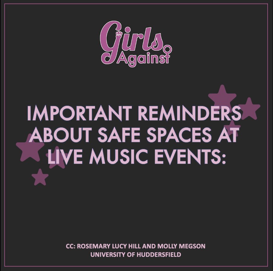 girlsagainst's tweet photo. A friendly reminder about intersectional &amp; inclusive Safe Spaces at live music events! 🌟 Cc: @RosemaryLHill

It’s good to keep educated &amp; informed about how we can improve spaces at live music when things reopen! We’re missing the music today...😥: https://t.co/nN8ZxhcezC