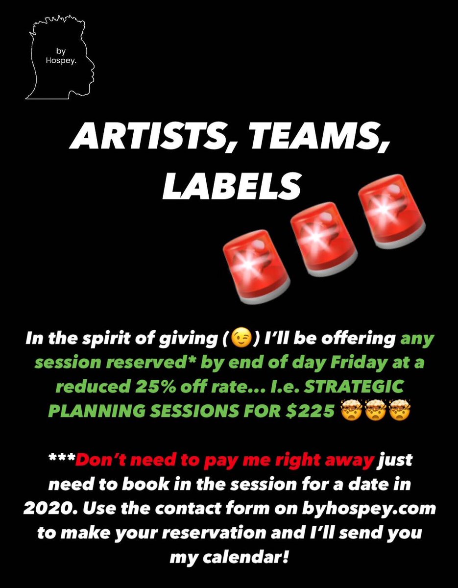 Hospey's tweet photo. 🚨ARTISTS, TEAMS, LABELS🚨

I’ve got 3 SLOTS left for STRATEGIC PLANNING SESSIONS/BRAND AUDITS before I start winding down my #byhospey services for the year.

Any session reserved* by end of day Friday at a reduced 25% off rate... TAP IN &amp; let’s plan your 2021 breakout year 📈☎️ https://t.co/CfGmbep6V9