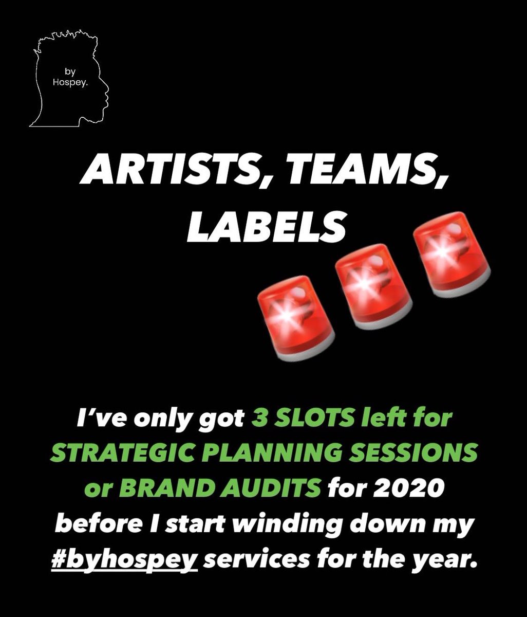 Hospey's tweet photo. 🚨ARTISTS, TEAMS, LABELS🚨

I’ve got 3 SLOTS left for STRATEGIC PLANNING SESSIONS/BRAND AUDITS before I start winding down my #byhospey services for the year.

Any session reserved* by end of day Friday at a reduced 25% off rate... TAP IN &amp; let’s plan your 2021 breakout year 📈☎️ https://t.co/CfGmbep6V9