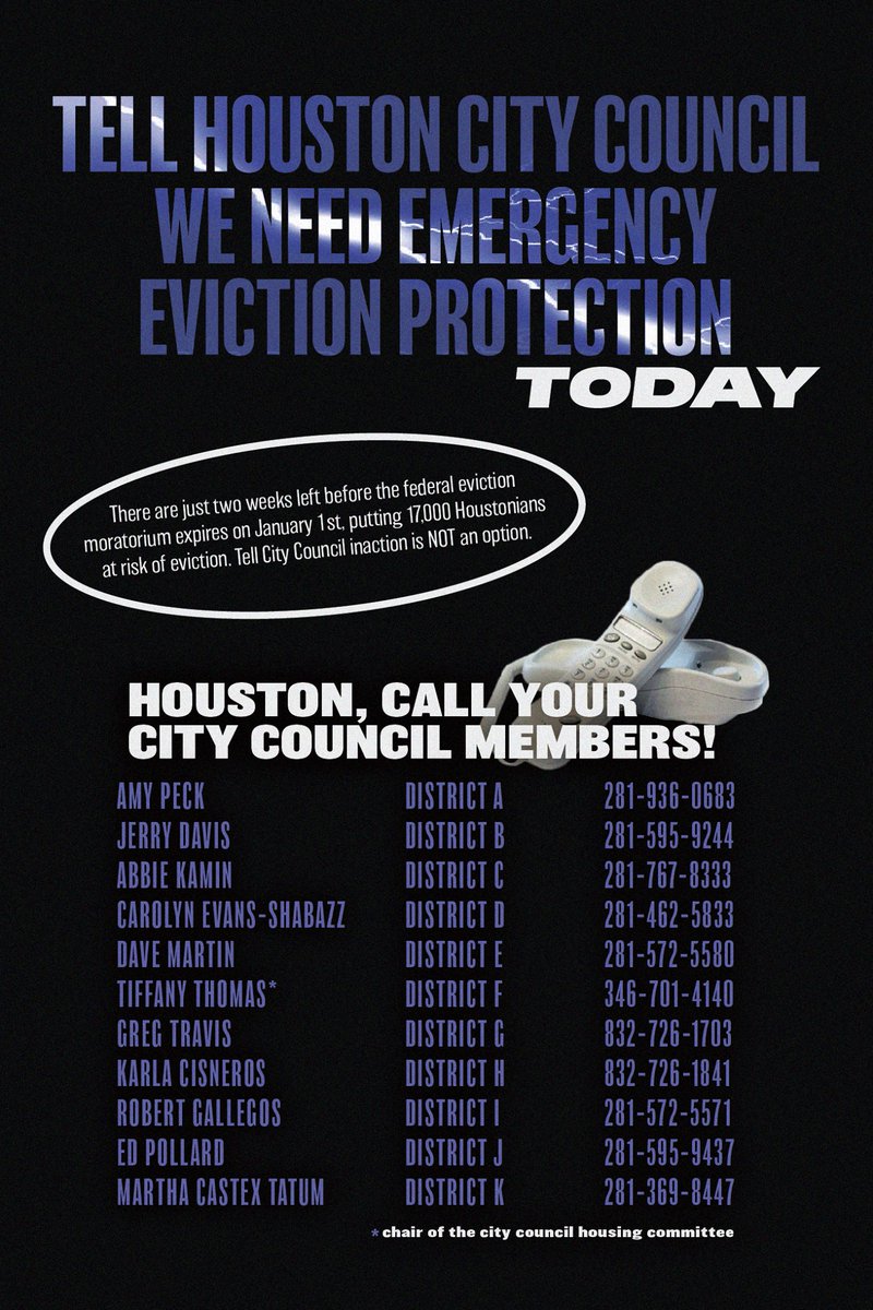 Houston is the biggest city in the country that does not have any protection for renters. On January 1st the federal CDC protections end and Houstonians will have no protections from being evicted during a pandemic. City of Houston needs to act. #housingisthecure #EvictionCrisis