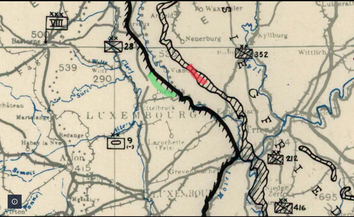 Now we have context of the ‘Keysone or Bloody Bucket’ Div, we can focus on Lt. Col Rudder’s 109th Inf Rgt (green), located between Vianden & Reisdorf & opposing the 352VGD (red) between Getingen, Ammeldingen & short of Wallendorf.6)