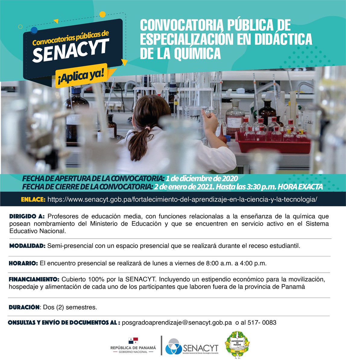 Senacyt Panama V Twitter Ya Esta Abierta La Convocatoria Publica De Especializacion En Didactica De La Quimica T Co Ytienkprlf Fecha De Cierre 2 De Enero De 21 3 30pm Hora Exacta Consultas Y Envios
