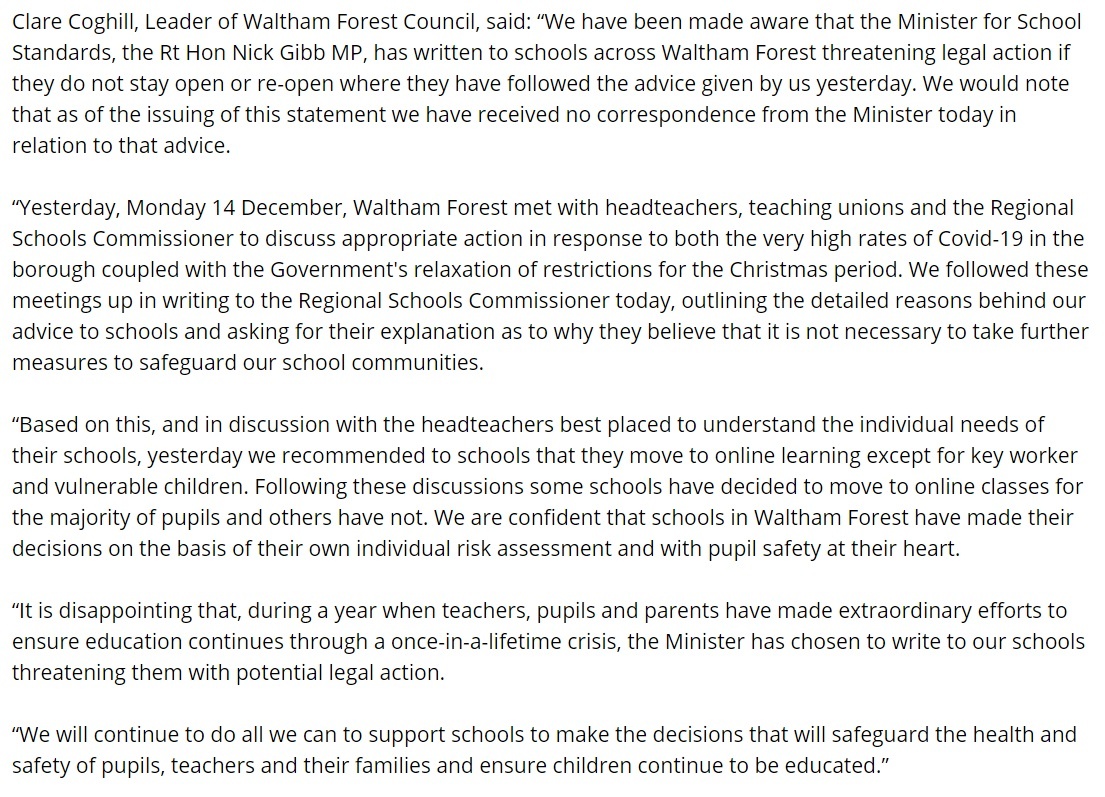 wfcouncil's tweet photo. A statement from Leader of the Council @CllrCoghill about schools in #WalthamForest: https://t.co/QDEGFjMDwk

"We are confident that schools in Waltham Forest have made their decisions on the basis of their own individual risk assessment and with pupil safety at their heart." https://t.co/21wc6hMNzi