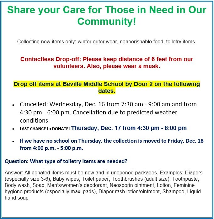 Thanks to those who braved the rain yesterday to participate in our Share Your Care event!  Due to pending weather, Wednesday's collection times are canceled.  Last chance to donate is Thursday. 4:30-6:30, unless schools are closed then we will collect on Friday. 4:00 -5:00.