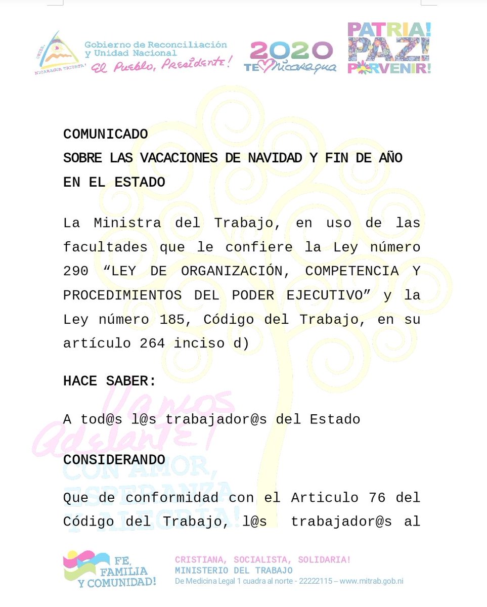 LaSandino's tweet photo. #AlDía Comunicado del #MITRAB sobre las vacaciones de Navidad y Fin de Año para trabajadores del Estado https://t.co/k1bVHQ7SFX
