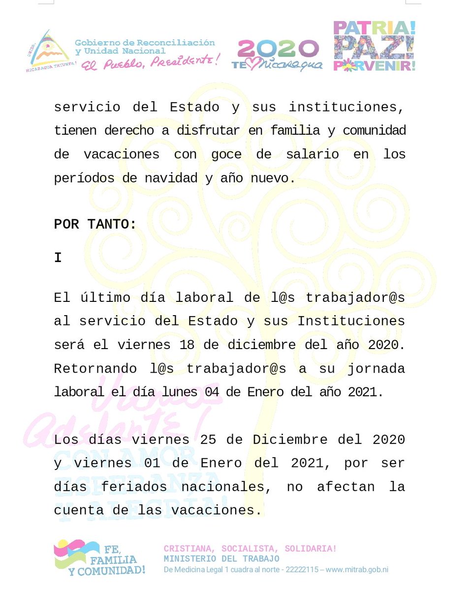 LaSandino's tweet photo. #AlDía Comunicado del #MITRAB sobre las vacaciones de Navidad y Fin de Año para trabajadores del Estado https://t.co/k1bVHQ7SFX