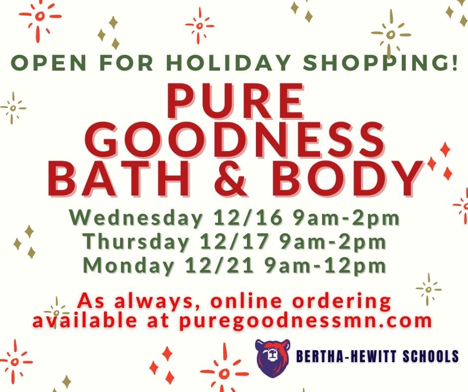 JennWolfenbarg1's tweet photo. ⁦@BHSisd786⁩ Get your holiday shopping completed with Pure Goodness Bath &amp; Body's unique, student produced products! https://t.co/sG3czmr5PM