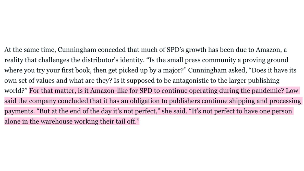 In a  @KQED article that same month, Trisha Low all but dismissed the question of whether it was “Amazon-like” to operate during the pandemic. Her justification? SPD’s “obligation to publishers.”  http://bit.ly/3mqWdtM&nbsp;
