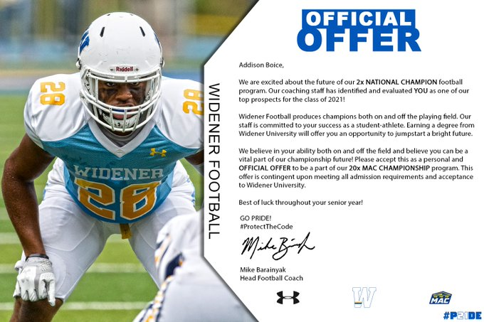 AddisonBoice's tweet photo. Honored and Blessed to receive my first offer from Widener University @CoachBossHogge @Coach_Barry @Widener_FB https://t.co/5iOXy4qxr4