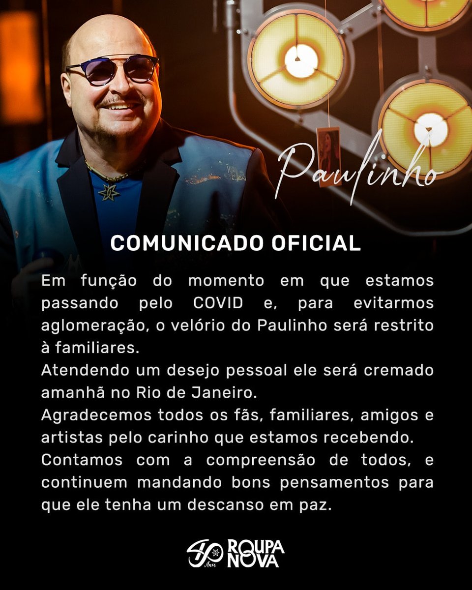 RoupaNova's tweet photo. Em função do momento em que estamos passando pelo COVID e, para evitarmos aglomeração, o velório do Paulinho será restrito à familiares. https://t.co/eJaflAvcBj