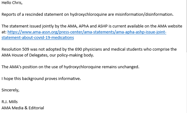 Which, today, allowed me to write a spokesperson for the AMA to hear... ya know... from the source if this claim was... in fact true... (this is what reporters do) turns out... it ain't...