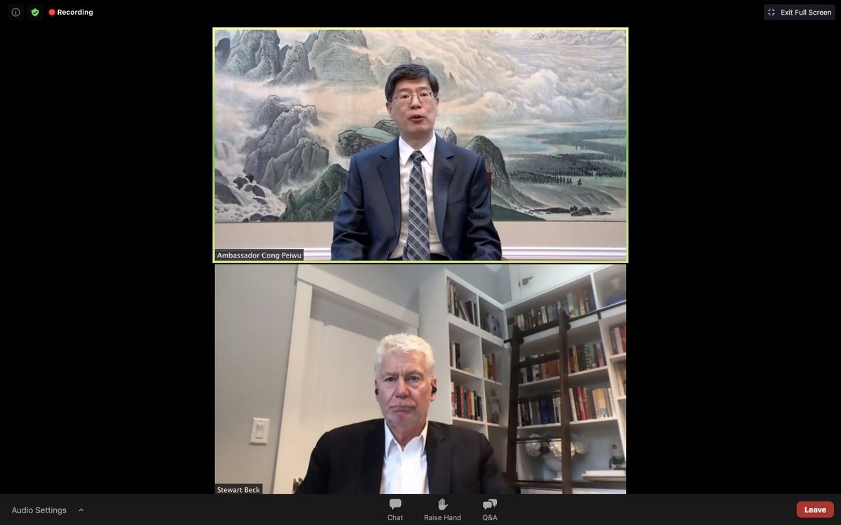 First question from Stewart Beck directly addresses tensions: Is it Beijing's strategy to use economic coercion on other countries (like Australia and Canada)? Ambassador Cong Peiwu says China is "not using trade and economic measures as a weapon to punish other countries".