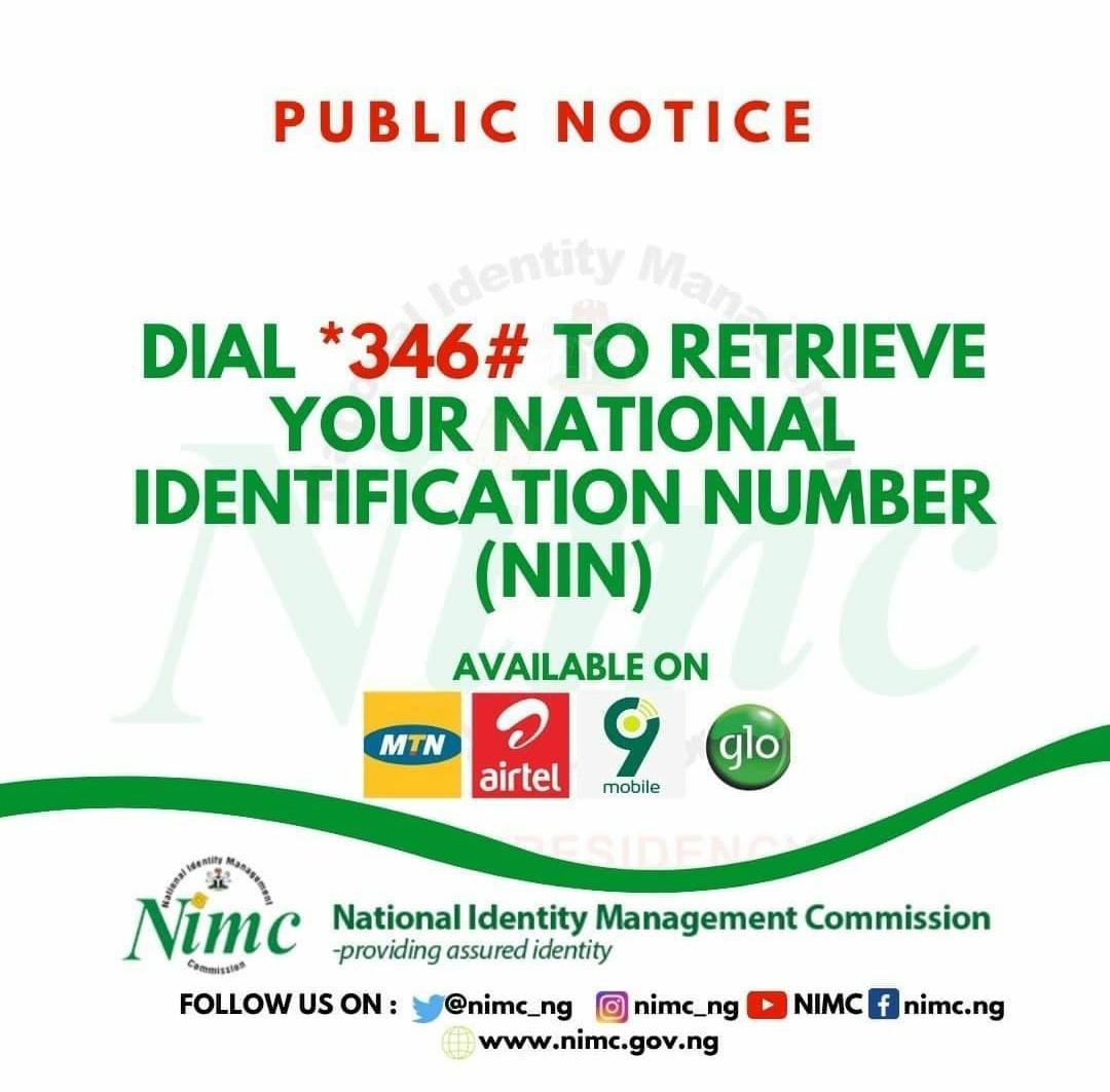 How to retrieve your National Identification Number(NIN) via the USSD Code: 

#DigitalNigeria 
#digitalidentity