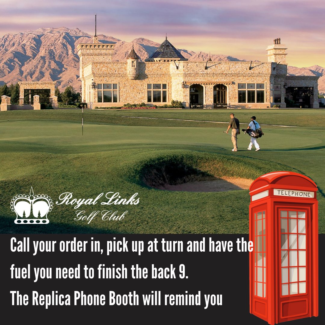 Starting to get hungry during your round? Call the number in the red phone booth to place your order!