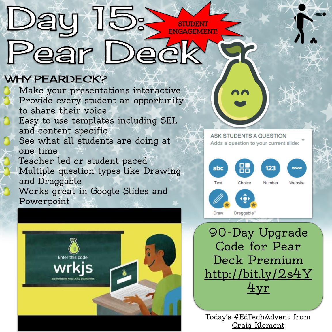 herrplatt's tweet image. #EdTechAdvent Day 15 brought to you by @craigklement. Take a look at @peardeck If you haven&apos;t used this awesome  engagement tool, now is the time. Get a free 90-day trial bit.ly/edtechadvent20…