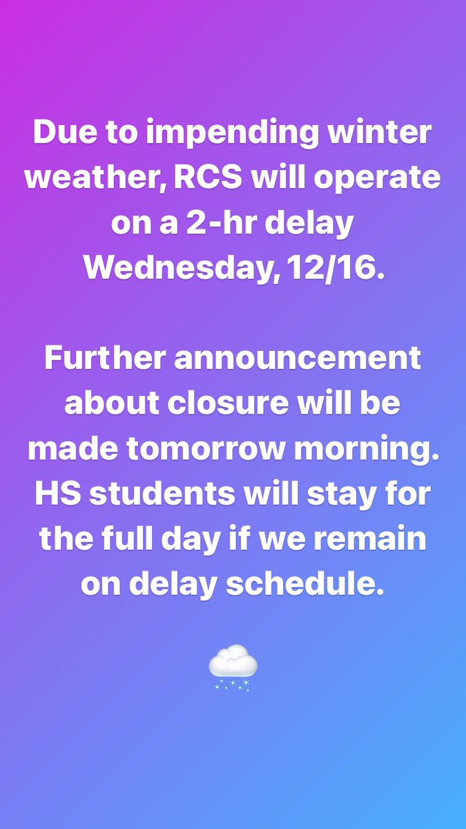 Due to impending winter weather, Roanoke Catholic will operate on a 2-hr delay on Wednesday, 12/16. Further announcement about closure will be made tomorrow morning. HS students will stay for the full day if we remain on delay schedule.