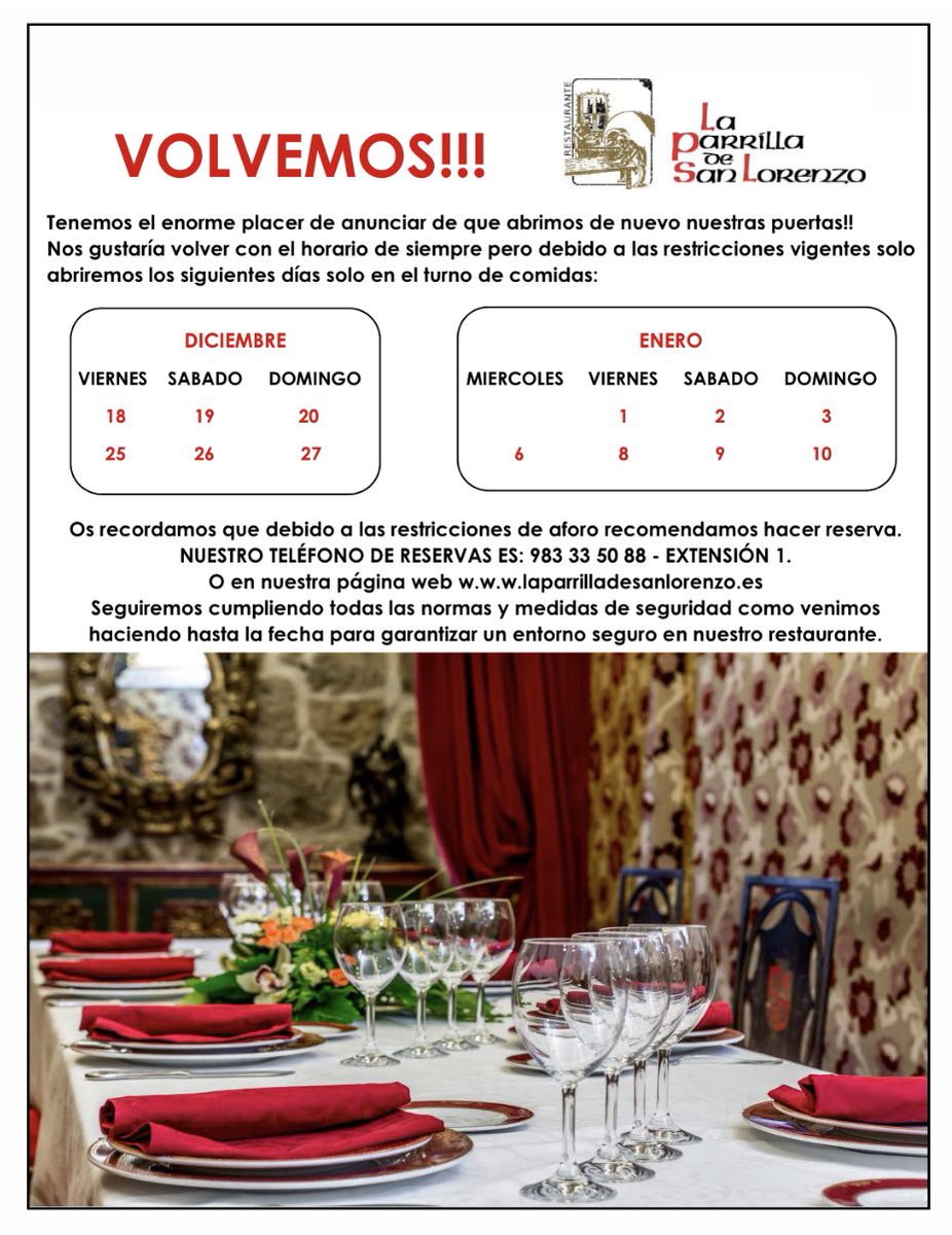 ¡VOLVEMOS! 🤗🤗🤗
Estamos felices de anunciaros que abrimos de nuevo, por el momento únicamente en turno de comidas debido a las restricciones de apertura.
Ya puedes hacer tu reserva en nuestra web  laparrilladesanlorenzo.es o por teléfono 📱 en el 983 33 50 88 ext. 1