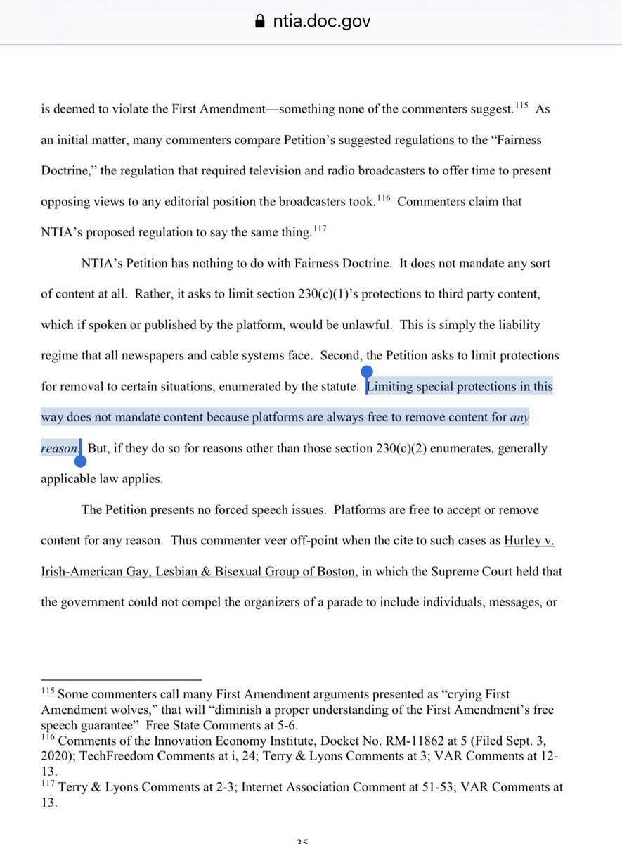 For instance, they argue that action on the Section 230 Petition would force websites to carry speech in violation of their First Amendment rights.Not at all. NTIA’s Petition expressly says that websites would retain their 1st Amendment right to remove content “for any reason.”