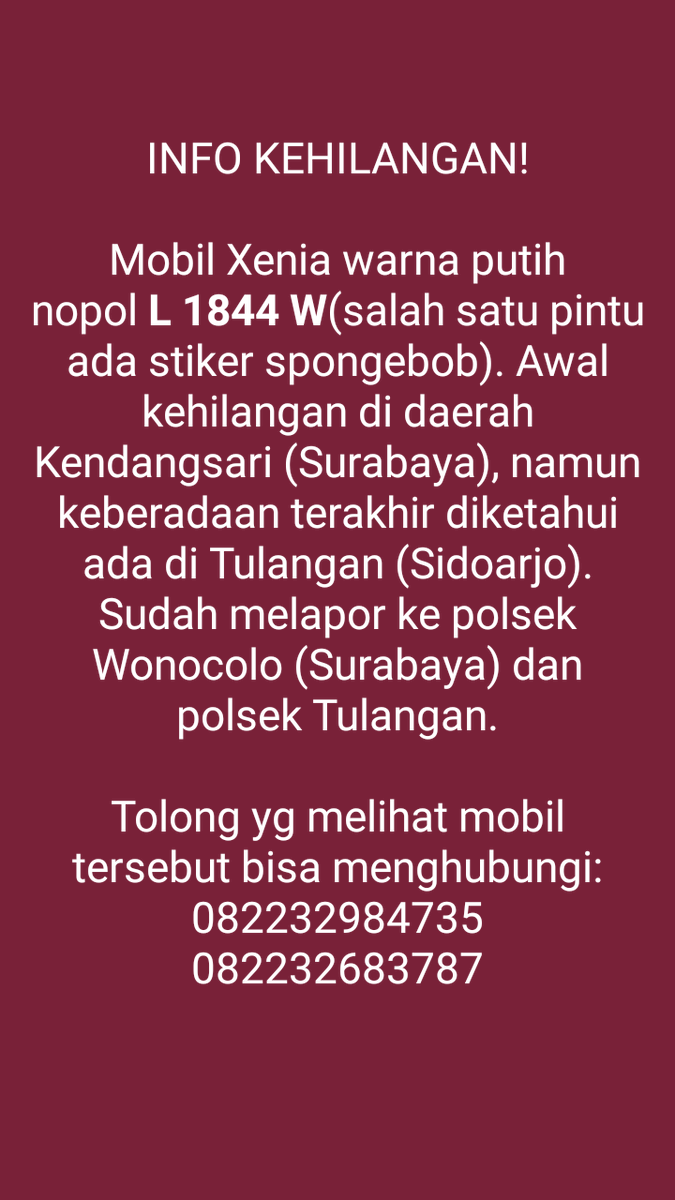 paranandyaa's tweet photo. Hilang mulai tadi malam pukul 22.00 sampai sekarang belum ditemukan.
Mohon yg melihat bisa hubungi sayab🙏

@suarasidoarjofm @e100ss @LMsurabaya @InfoSuroboyo @aslisuroboyo @infosda https://t.co/JAmdZYJsi3