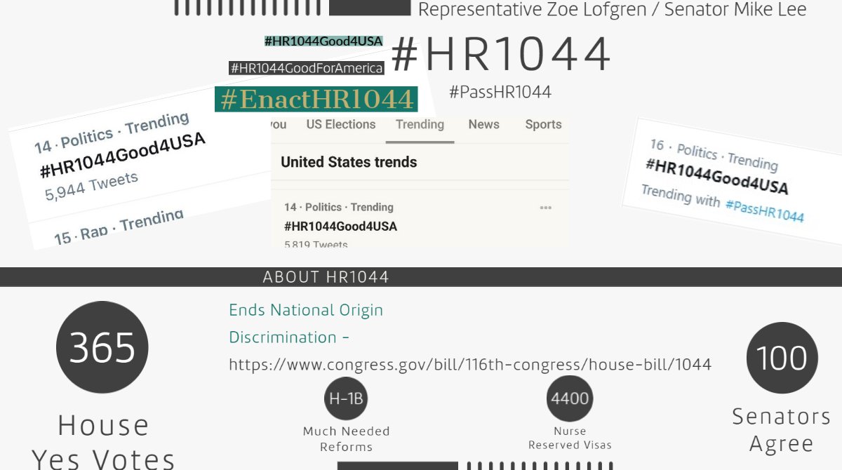 The most trending bipartisan bill in congress is #HR1044 #S386. 

.<a href="/SpeakerPelosi/">Nancy Pelosi</a> .@senatemajldr: 
   —#TimeToAct #PassHR1044 
   —#HR1044Good4USA 🇺🇸
   —End Nation Origin Discrimination
   —congress.gov/bill/116th-con…