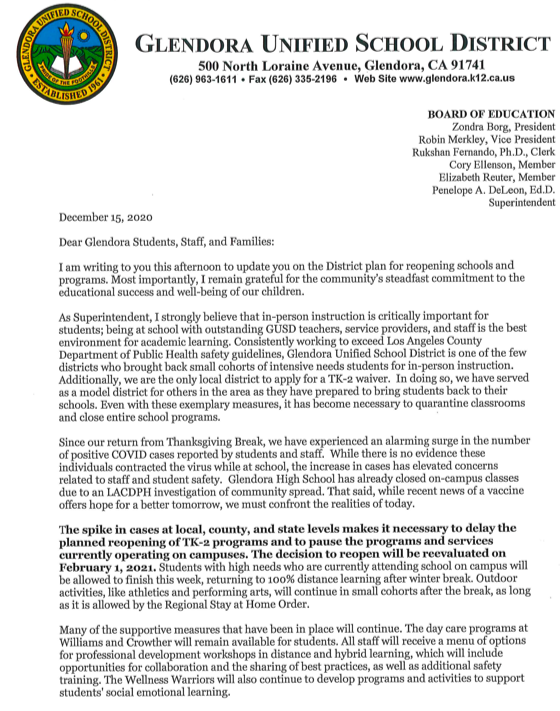 GlendoraUnified's tweet photo. **RETURN TO SCHOOL UPDATE** Important notice from Superintendent Dr. DeLeon.  #GlendoraUnified https://t.co/xEF9ELWANU