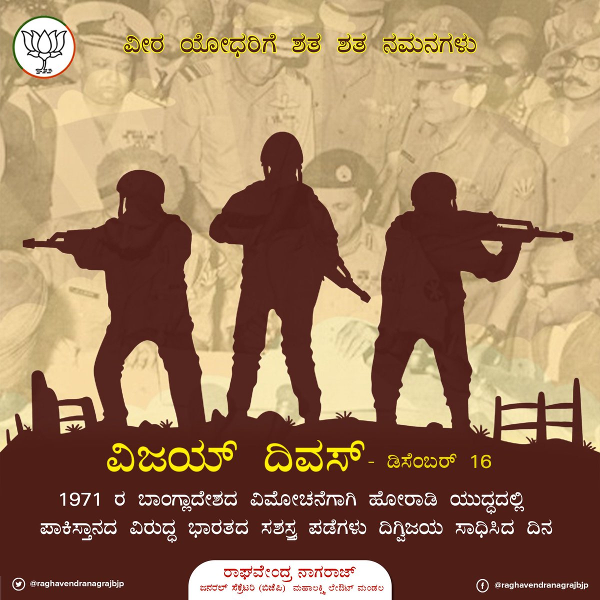 RagavndraNagraj's tweet photo. ಡಿಸೆಂಬರ್ 16 - ಇಂದು ವಿಜಯ್ ದಿವಸ್. 
ಬಾಂಗ್ಲಾದೇಶದ ವಿಮೋಚನೆಗಾಗಿ ಹೋರಾಡಿ ಭಾರತದ ಸಶಸ್ತ್ರ ಪಡೆಗಳು ದಿಗ್ವಿಜಯ ಸಾಧಿಸಿದ ದಿನವಿಂದು.
ವೀರ ಯೋಧರಿಗೆ ಶತ ��ತ ನಮನಗಳು.‌
#VijayDiwas 
.
.
.
#KGopalaiah
#bjpbengalurunorth
#mahalaxmilayout
#SHarish 
#NelaNarendrababu
#RNarayanaBadrappa
@BJP4Karnataka https://t.co/MpapOYXJXE