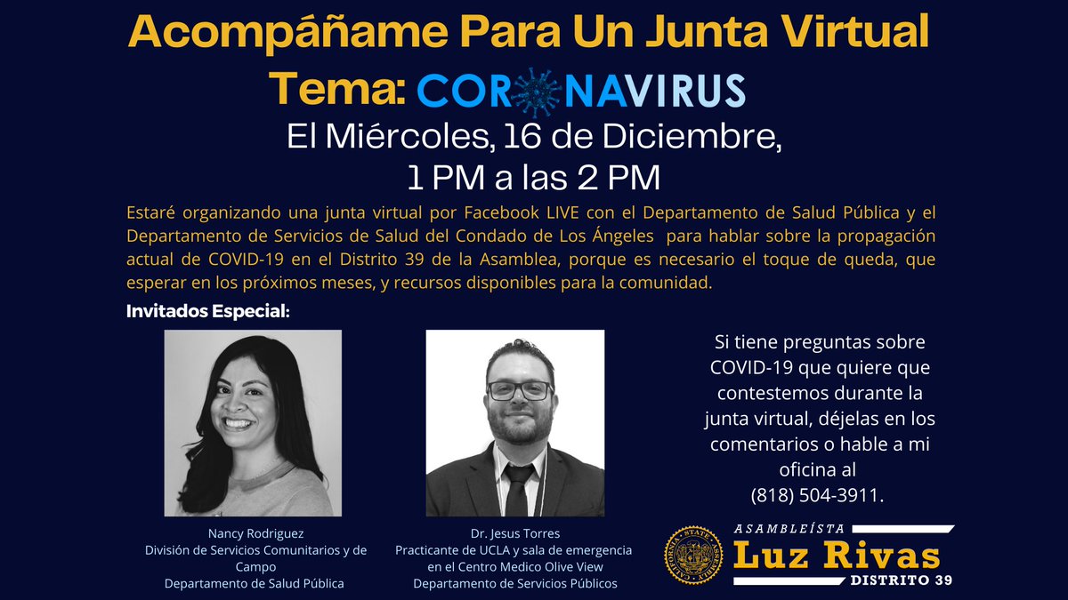 PacoimaCharter's tweet photo. join Assemblywoman Luz Rivas for a COVID-19 Update Virtual Townhall with the Los Angeles County Department of Public Health in SPANISH. https://t.co/vvS7199ncz