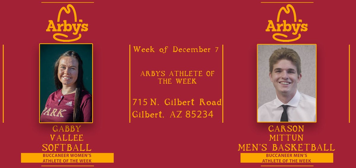 Park U Gilbert: Arby's Athletes of the Week

<a href="/ParkbuccaneerSB/">ParkBuccaneerSoftball</a>
<a href="/park_mbb/">Park University-Gilbert Men’s Basketball</a>
<a href="/gstubbs42/">Gordon Stubblefield</a>
<a href="/rollinsonRob/">Rob Rollinson</a>
<a href="/coachmoralesD/">David Morales</a> - gilbert.parkathletics.com/article/park-u…